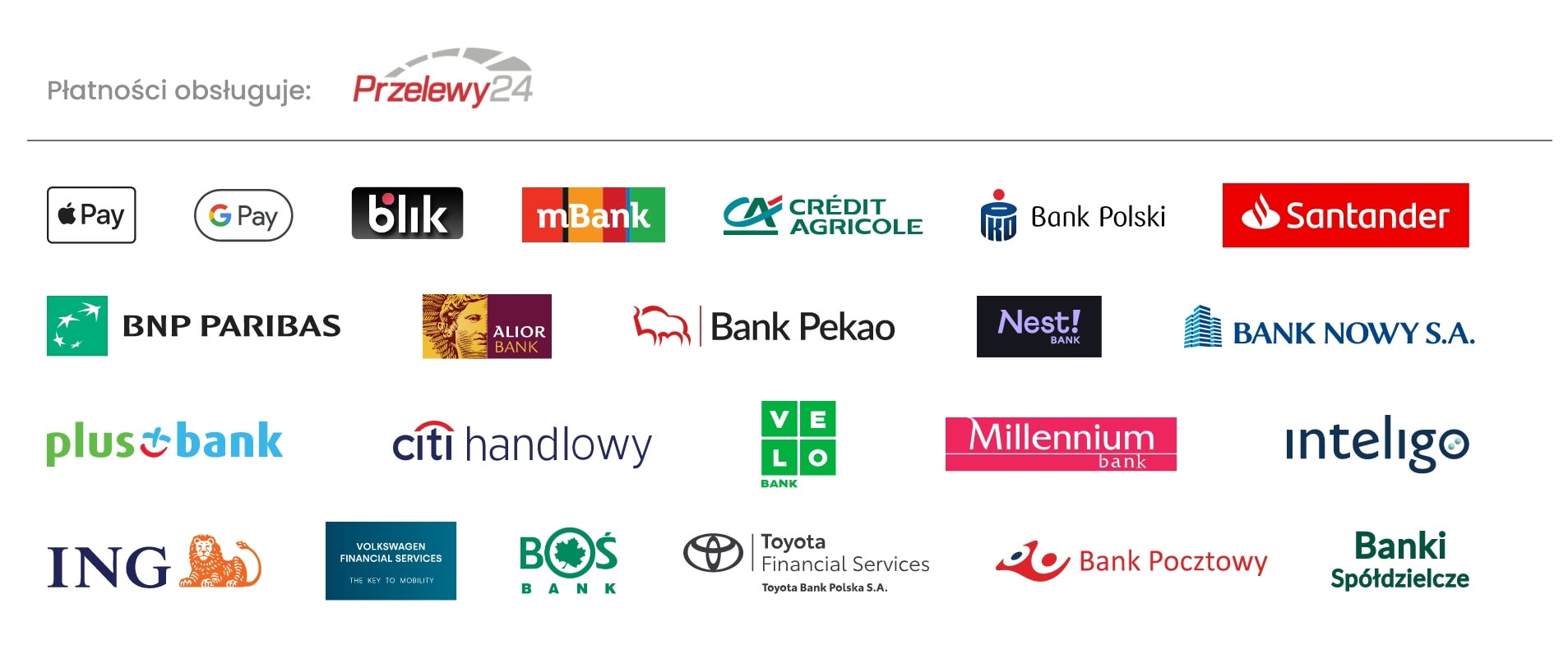 Płatności obsługuje Przelewy24: Apple Pay, Google Pay, BLIK i banki